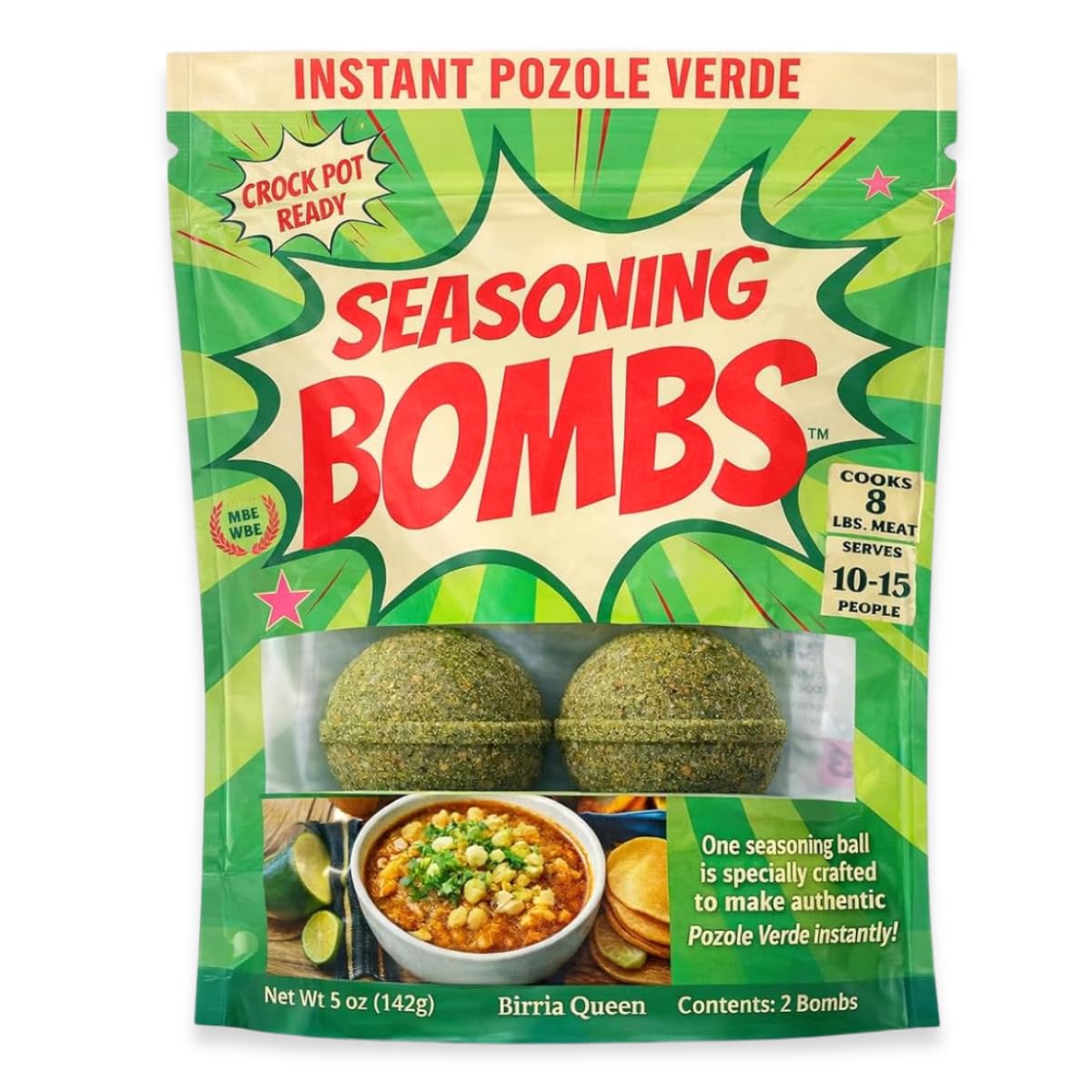 Seasoning Bombs front packaging showing pozole verde family-size, ready-to-use convenience