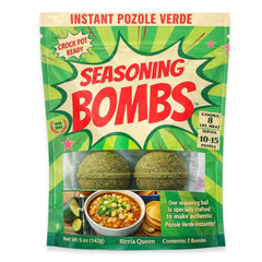 Seasoning Bombs front packaging showing pozole verde family-size, ready-to-use convenience
