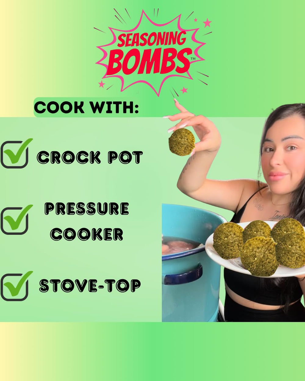 Seasoning Bombs package label detail emphasizing ingredients and cooking methods