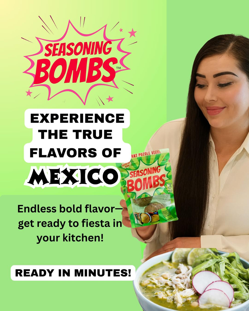 Seasoning Bombs opened pouch with seasoning bomb visible, simplifies meal prep