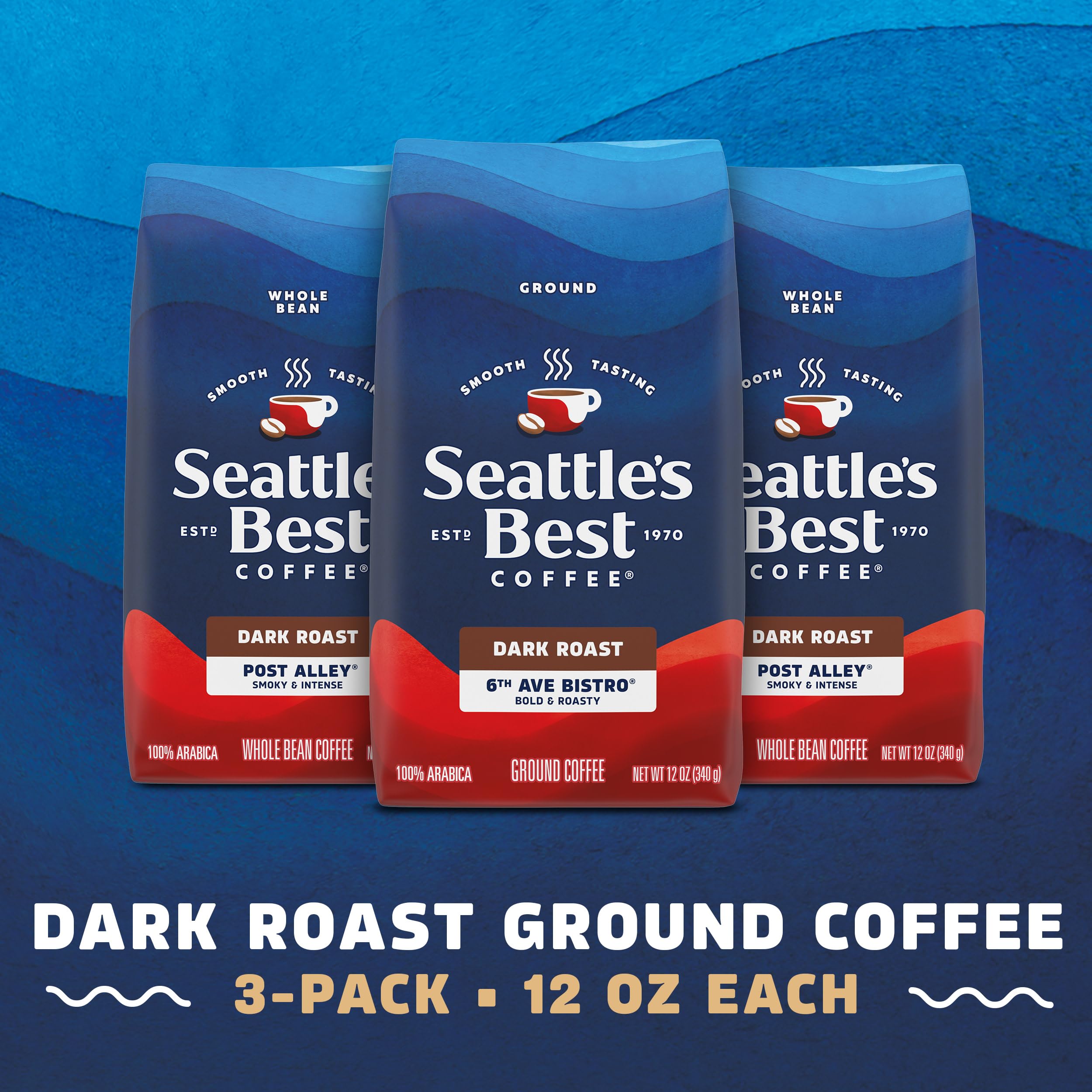 Seattle's Best Coffee open bag with ground coffee close-up showing texture and roasted color, highlights freshness