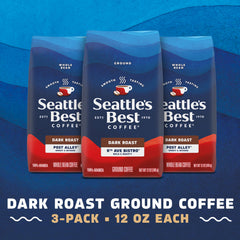 Seattle's Best Coffee open bag with ground coffee close-up showing texture and roasted color, highlights freshness