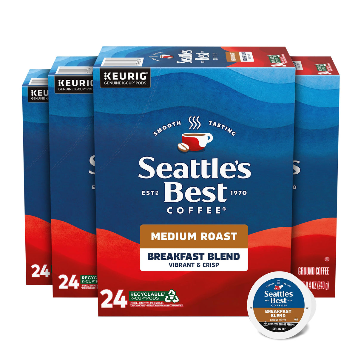 Seattle's Best Coffee front packaging showing four boxes and smooth roast benefit