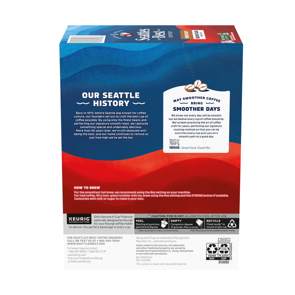 Seattle's Best Coffee cup and pods on breakfast table showing easy morning routine