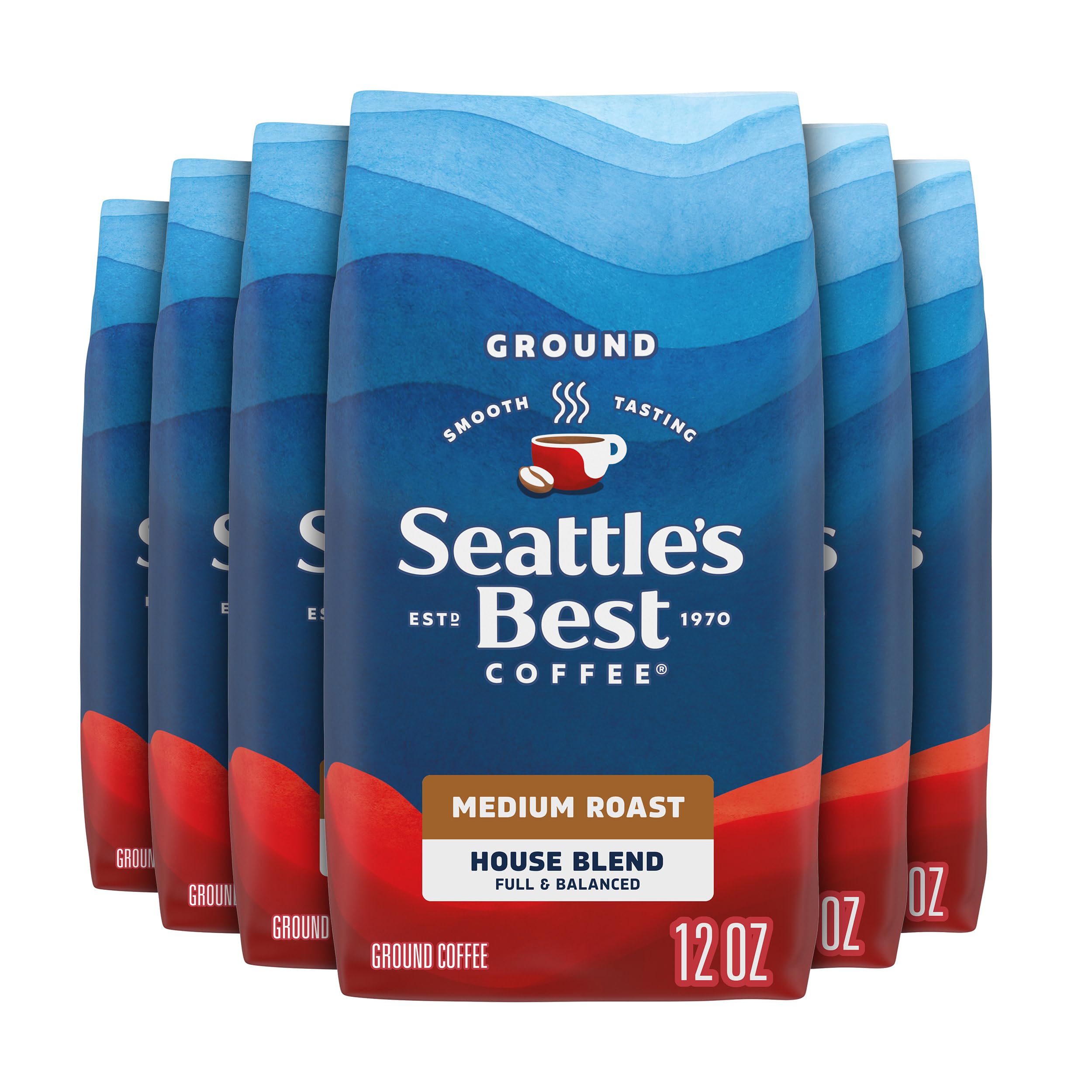 Seattle's Best Coffee front packaging showing six 12-ounce bags and smooth branding