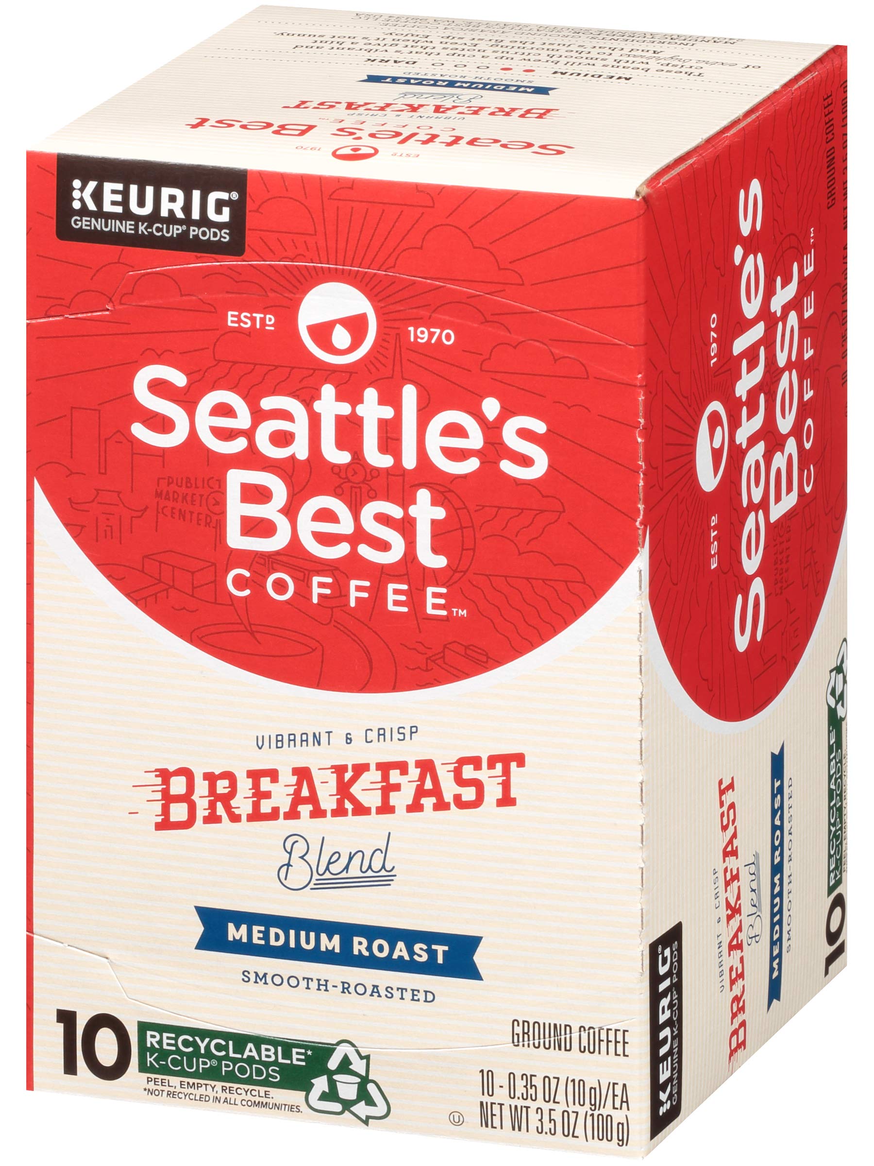 Seattle's Best Coffee box next to a ruler illustrating the compact 10-count box size