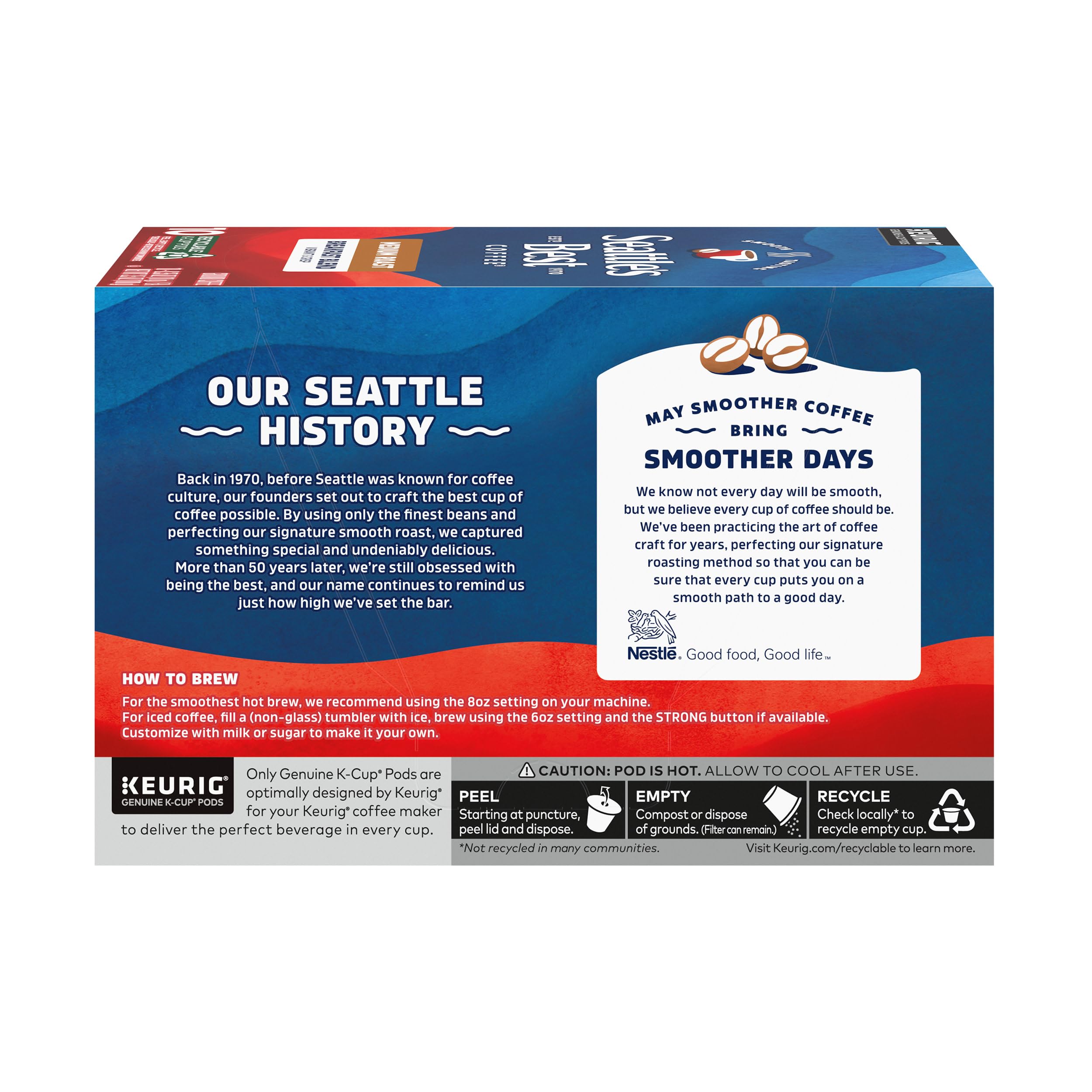 Seattle's Best pods next to common objects showing pack size and scale benefit
