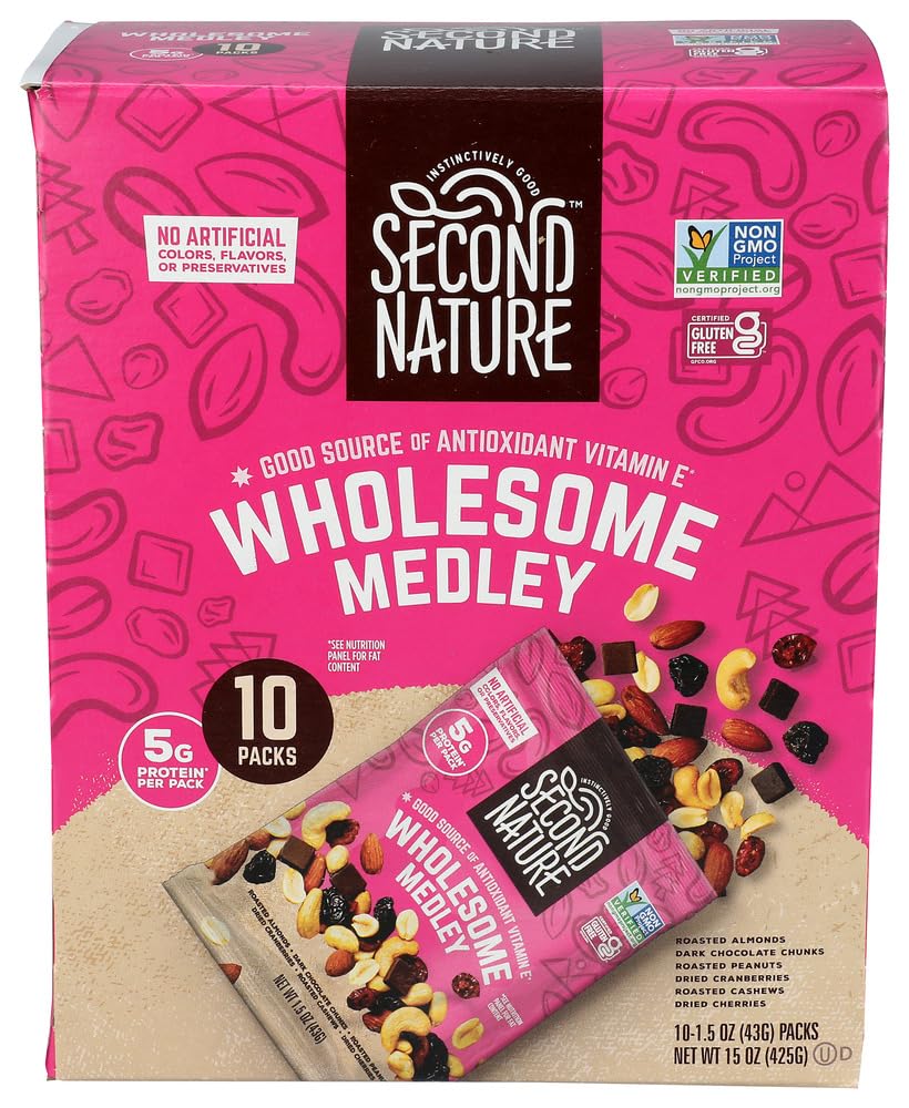 Second Nature front packaging showing 10 single-serve trail mix pouches and benefits