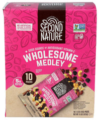 Second Nature front packaging showing 10 single-serve trail mix pouches and benefits