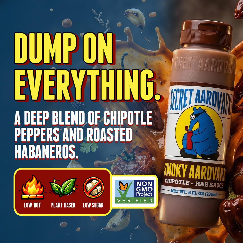 Secret Aardvark bottle close-up highlighting real chipotle and smoked sea salt