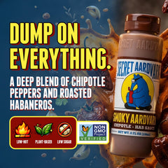 Secret Aardvark bottle close-up highlighting real chipotle and smoked sea salt