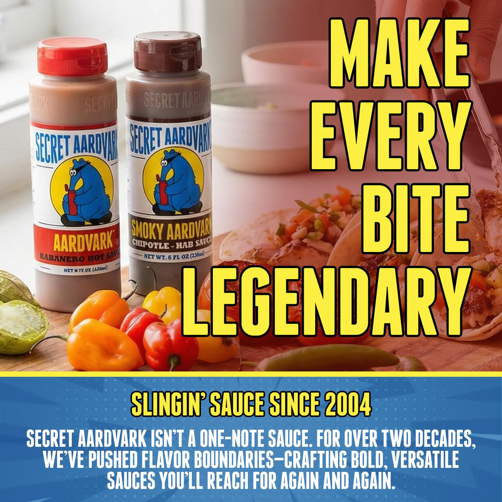 Secret Aardvark bottles beside a grill demonstrating smoky chipotle use for BBQ flavor