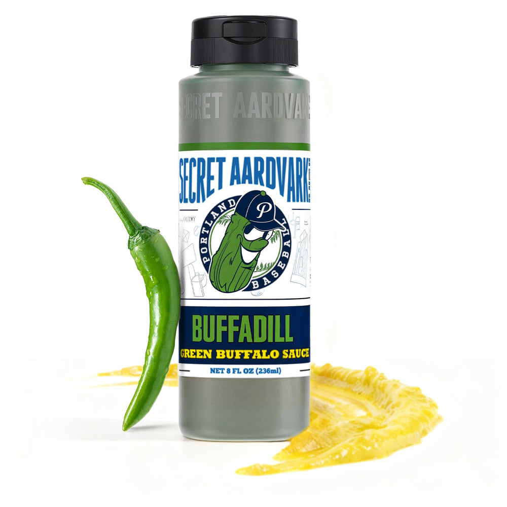 Secret Aardvark bottle front label showing brand and bright green sauce benefit