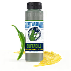 Secret Aardvark bottle front label showing brand and bright green sauce benefit