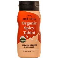 Seed + Mill front bottle view showing spicy organic tahini, convenience for drizzling