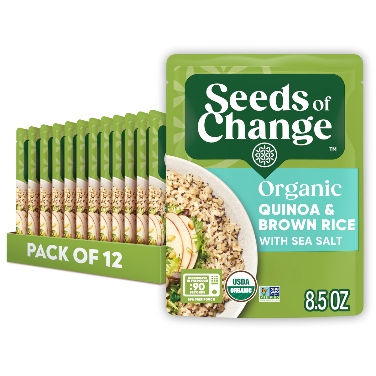 SEEDS OF CHANGE front packaging showing 8.5 oz pouch and branding benefits
