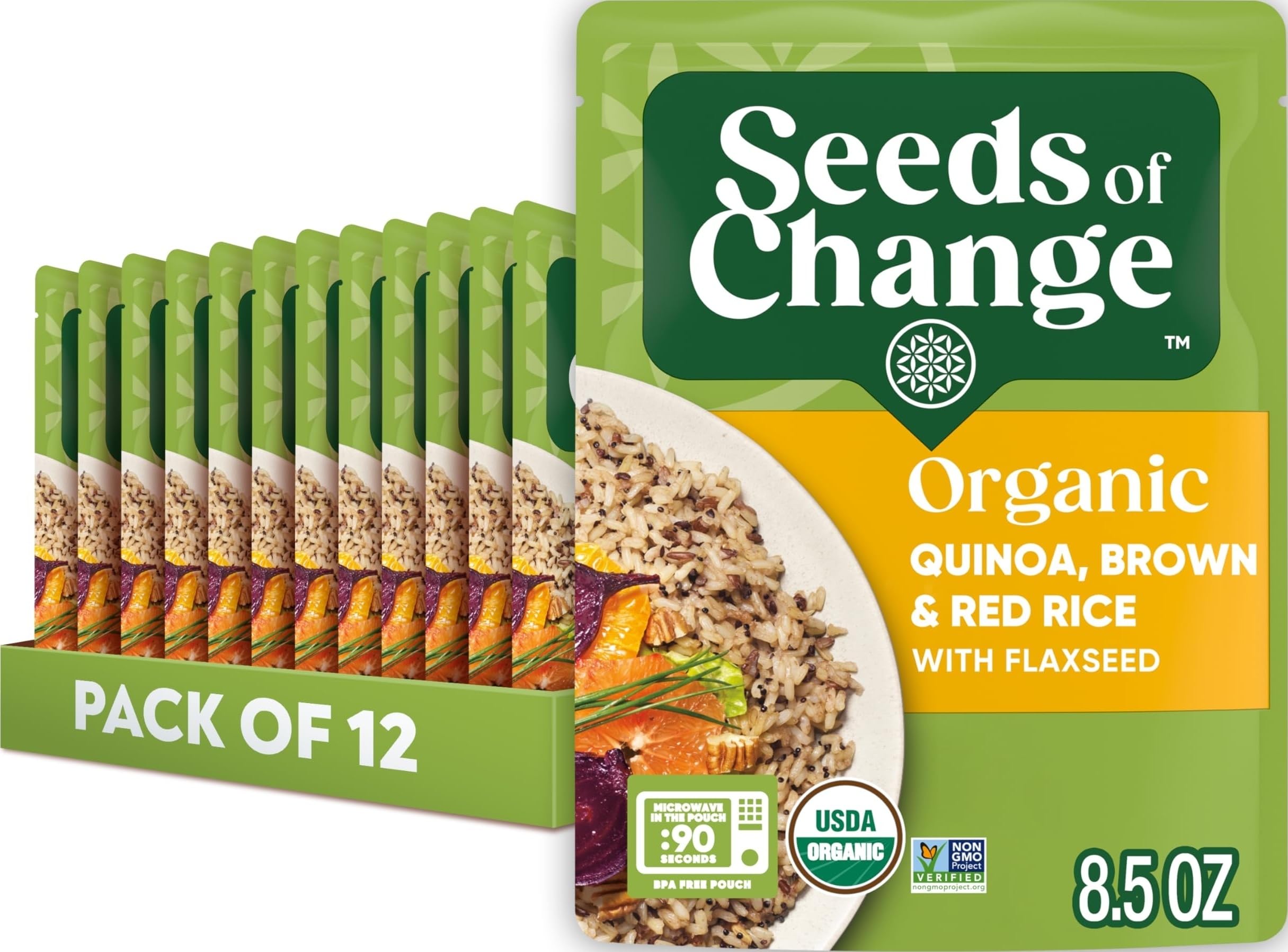 SEEDS OF CHANGE front pouch showing product branding and organic claim, highlights convenience