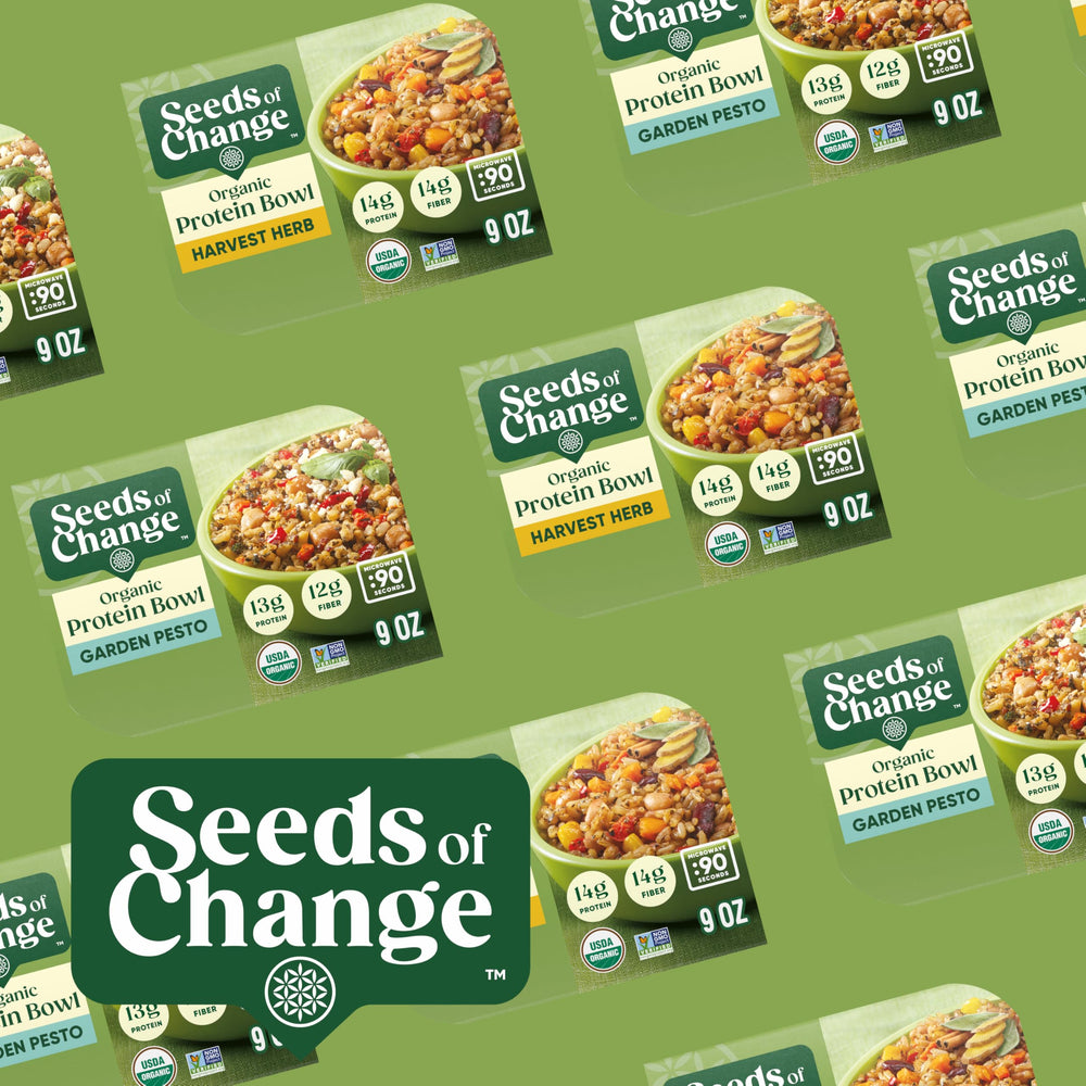 SEEDS OF CHANGE nutrition label and ingredient list showing protein, fiber and organic claim