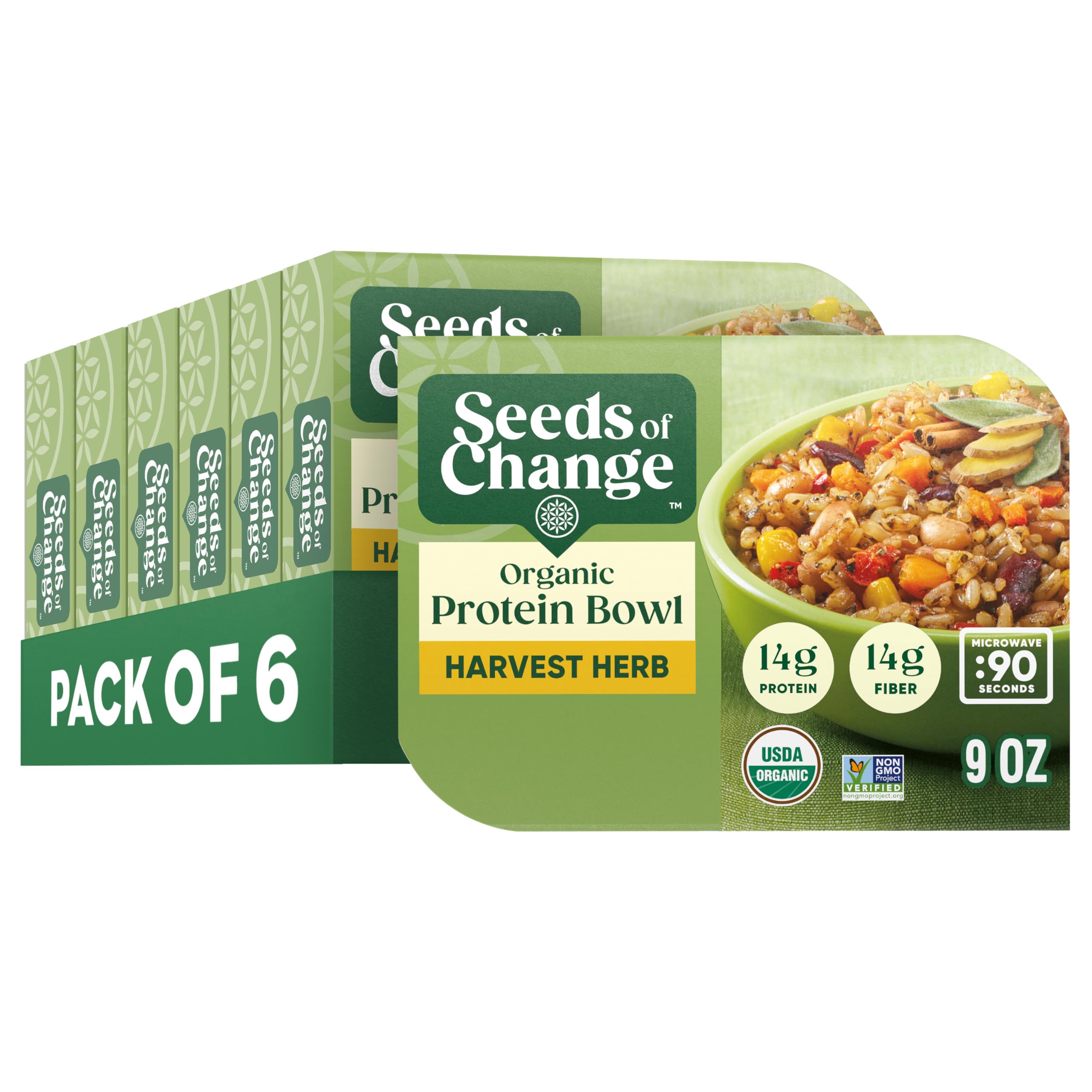 SEEDS OF CHANGE front packaging showing Harvest Herb bowl and benefits