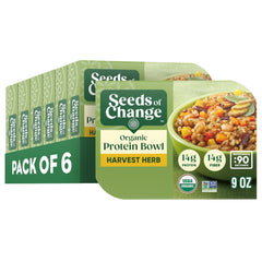 SEEDS OF CHANGE front packaging showing Harvest Herb bowl and benefits