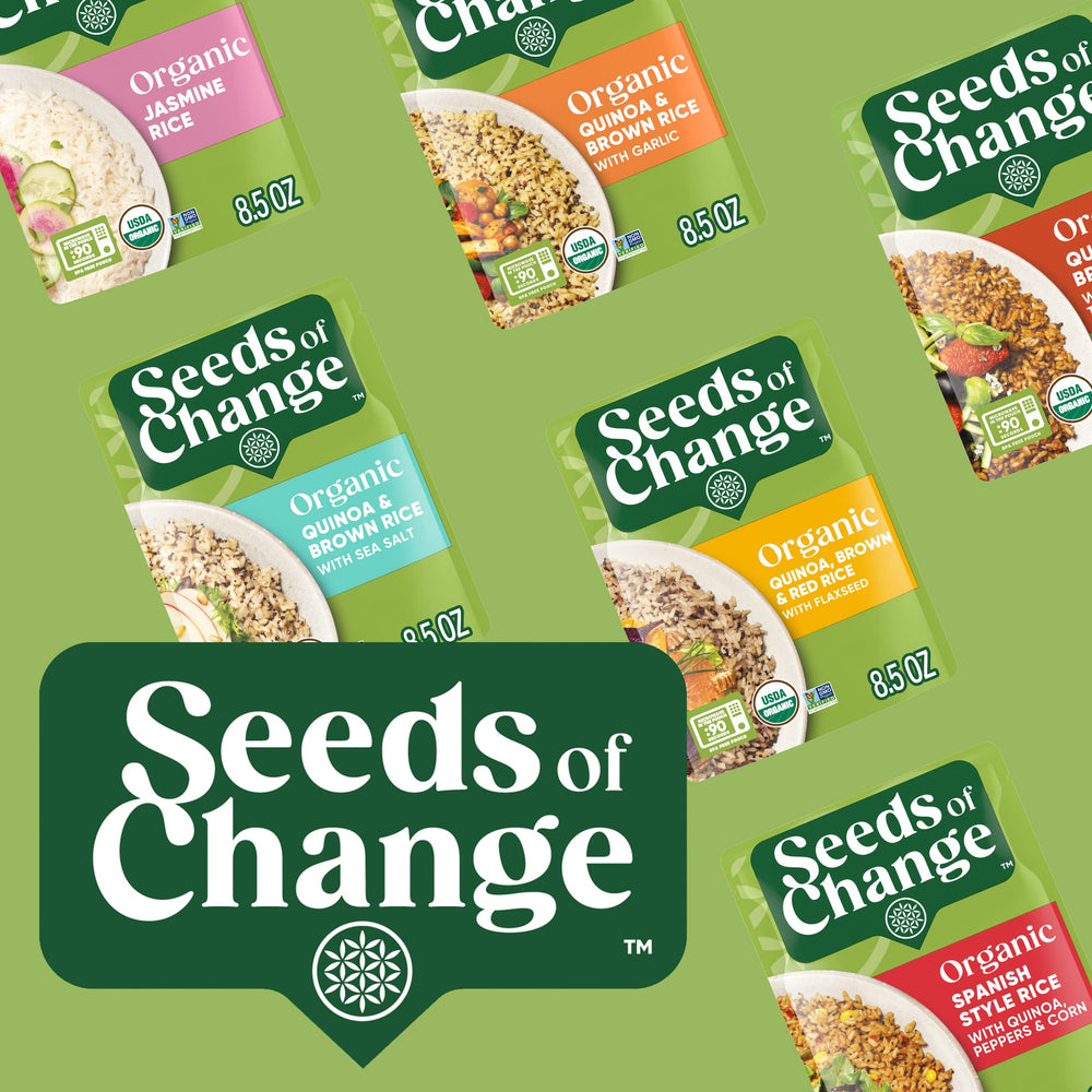 SEEDS OF CHANGE on kitchen counter as part of a quick weeknight meal setup