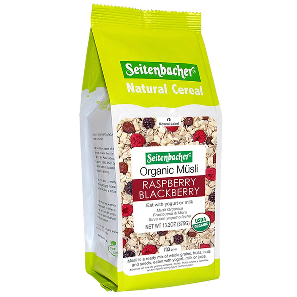 Seitenbacher front packaging showing three wheat-free muesli bags and product benefits