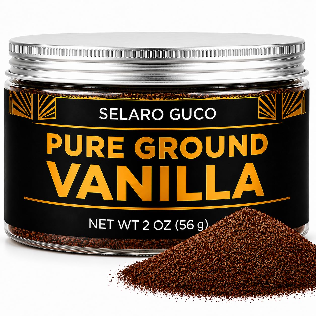 Selaro Guco front packaging showing 2 oz vanilla powder, clear label and benefit