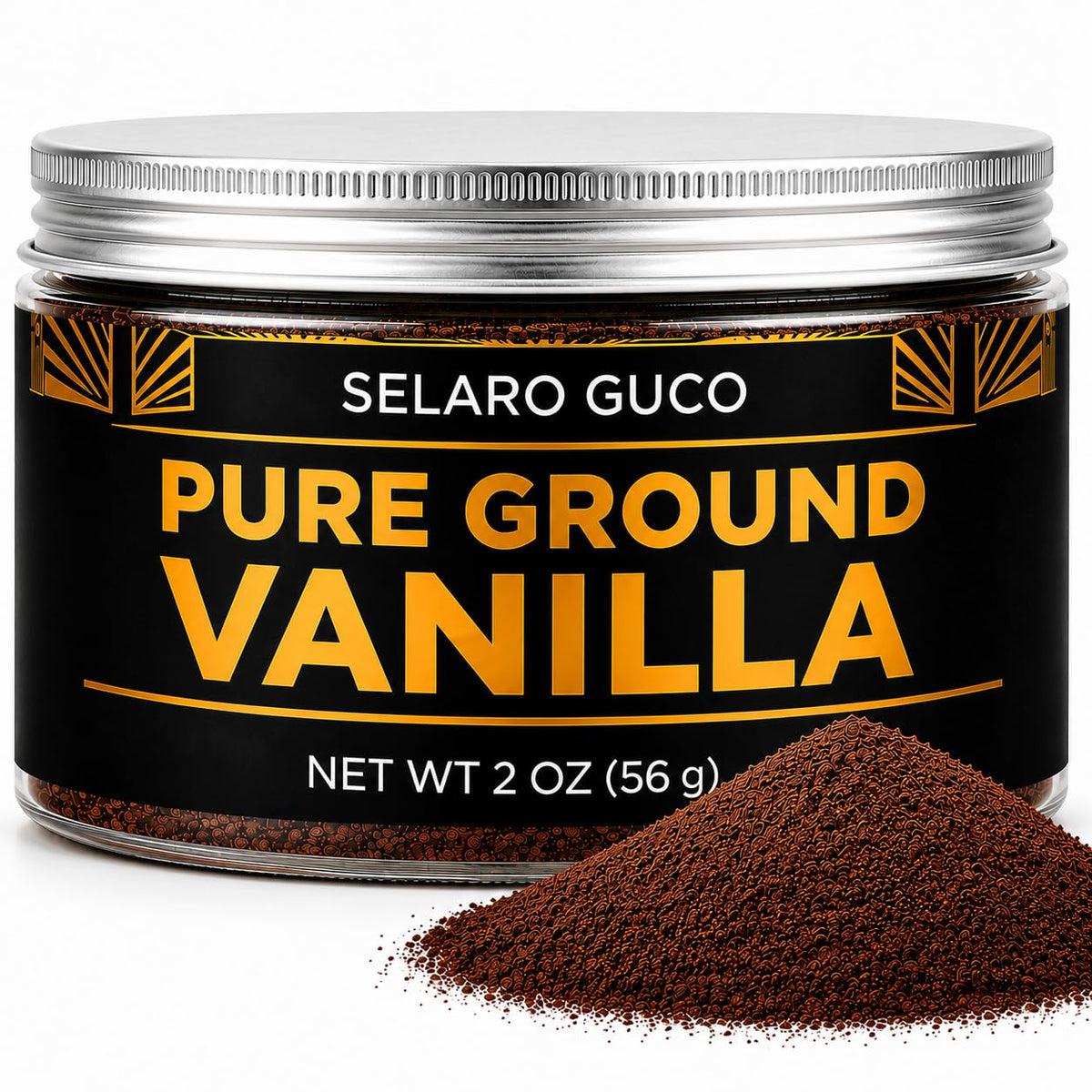 Selaro Guco front packaging showing 2 oz vanilla powder, clear label and benefit