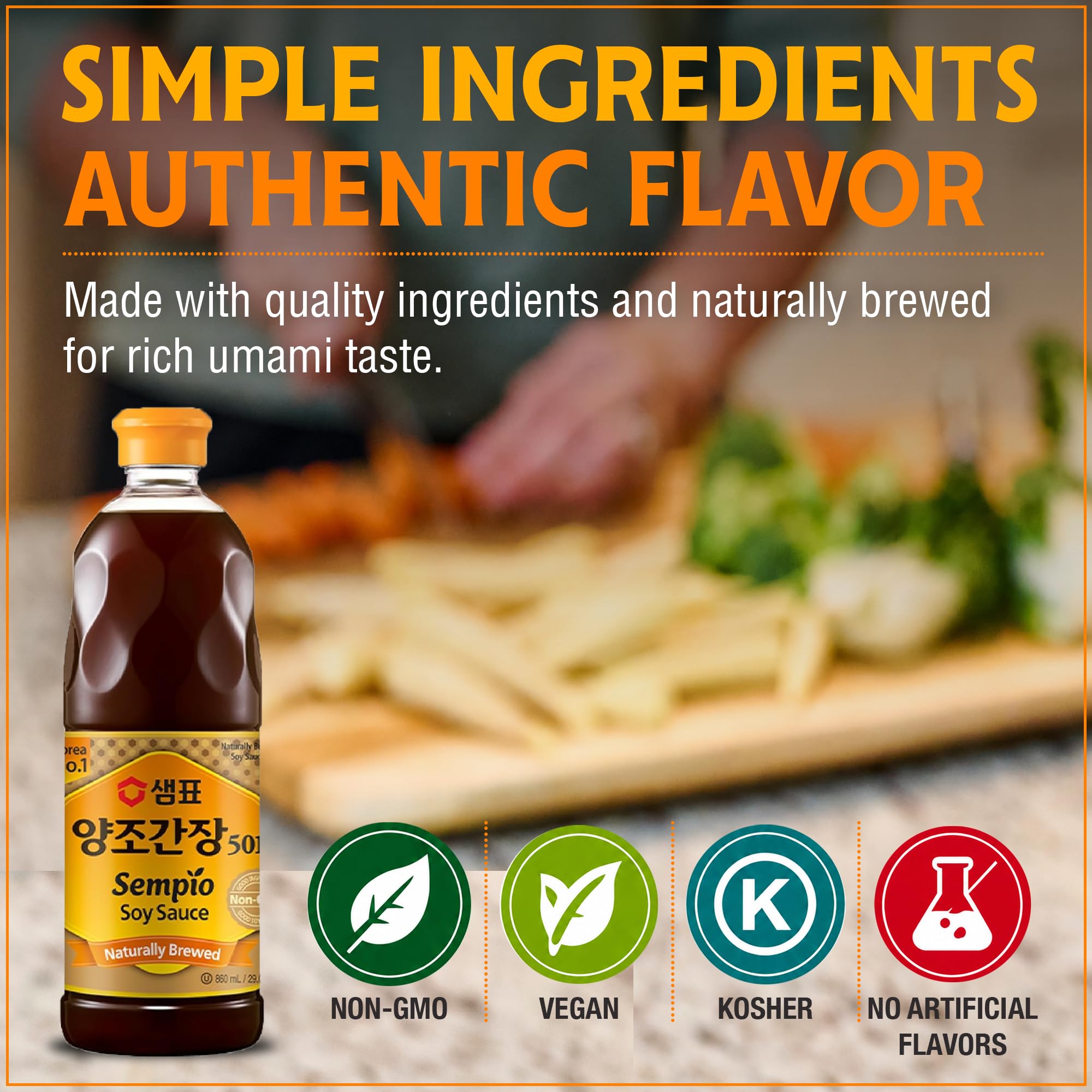 Sempio soy sauce pouring from bottle over dish to enhance flavor and appearance