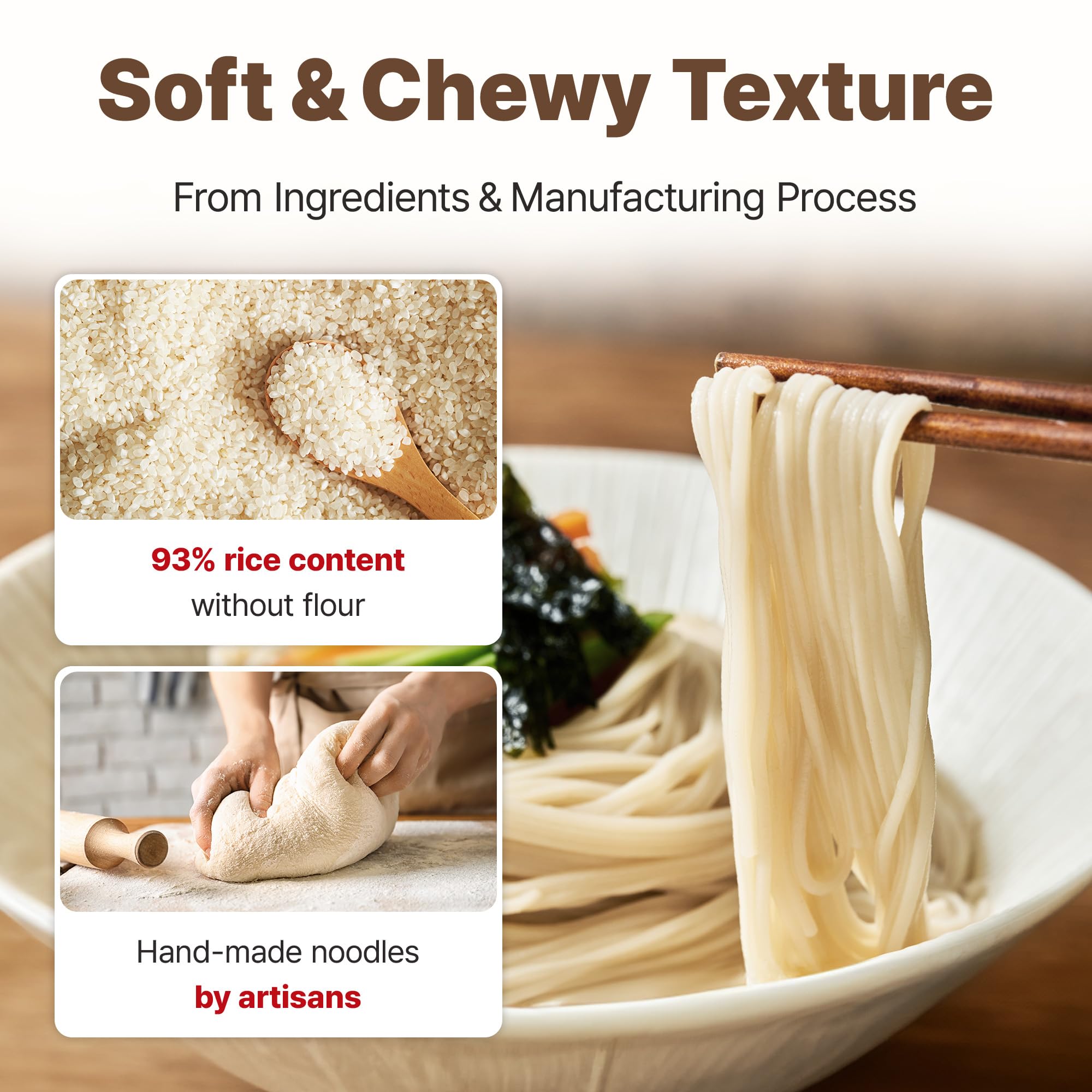 Sempio rice noodles served in a clear broth bowl, highlights flavor absorption
