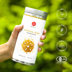 Brewed cup of Senbird Genmaicha showing rich toasted color and soothing aroma