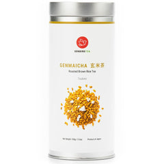 Senbird tin front view showing Genmaicha Tsukimi packaging and freshness benefit