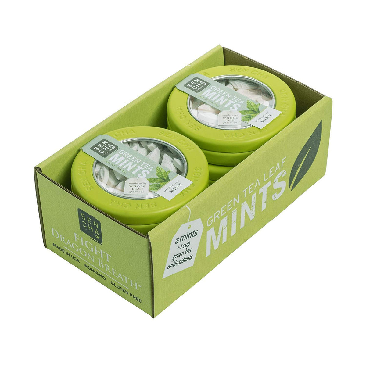 SENCHA NATURALS front tin of Moroccan Mint mints showing compact carry convenience