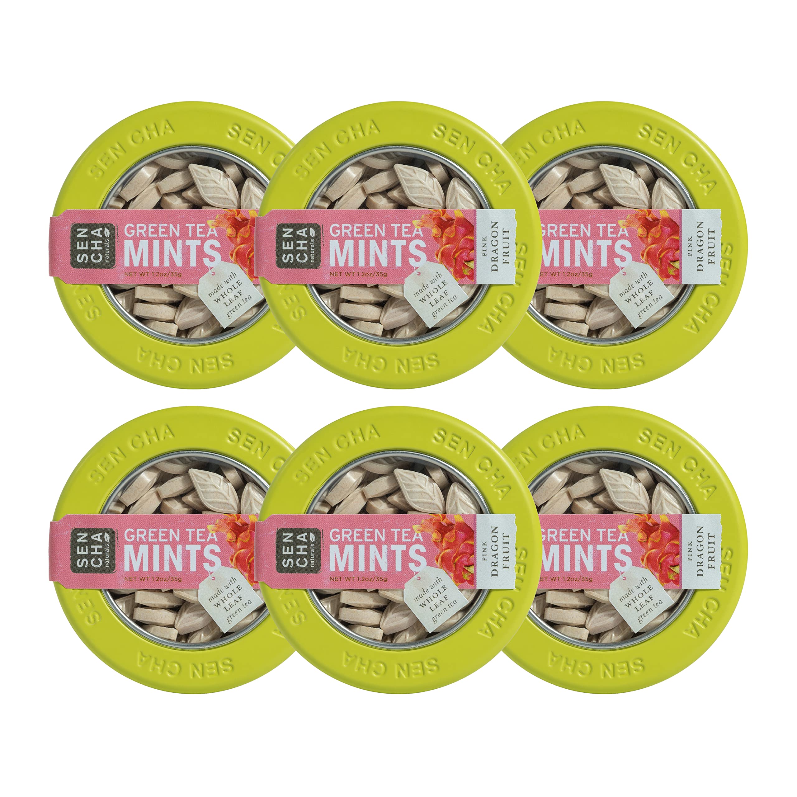 SENCHA NATURALS front tin showing pink dragonfruit label and compact size benefit