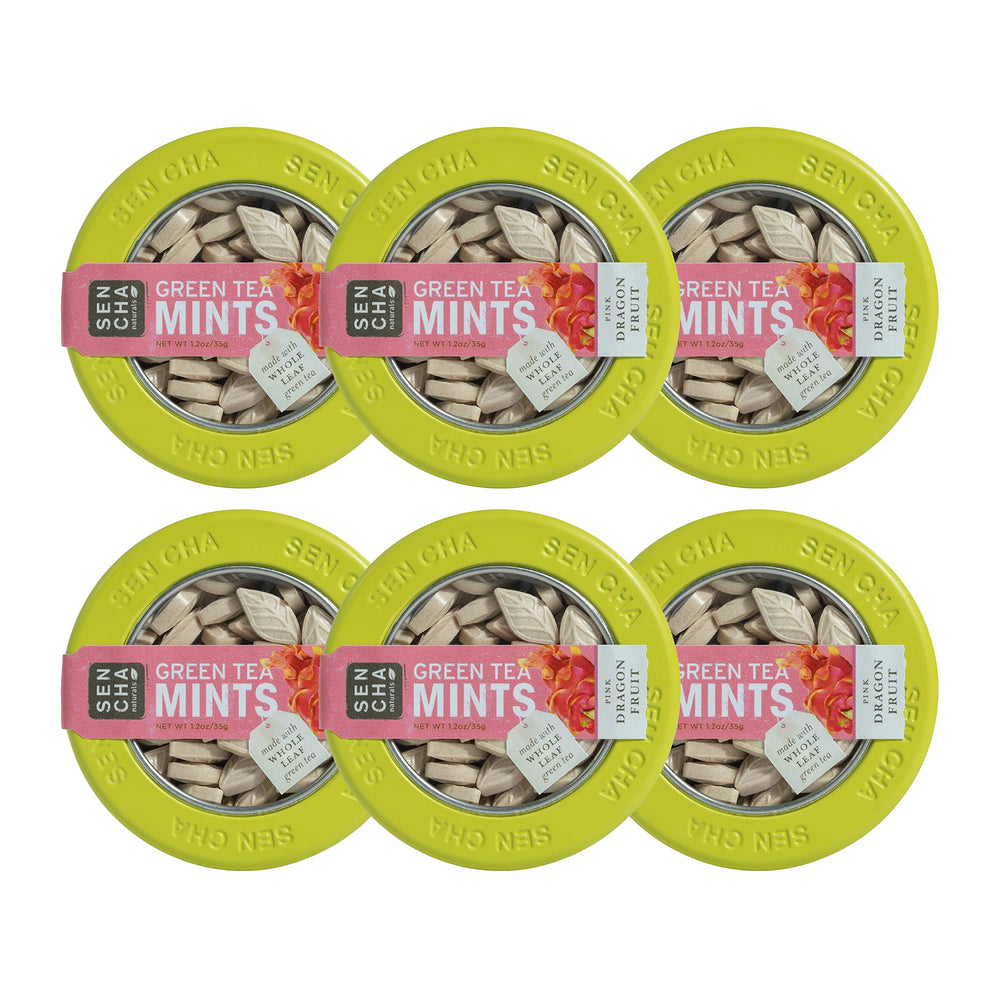 SENCHA NATURALS front tin showing pink dragonfruit label and compact size benefit