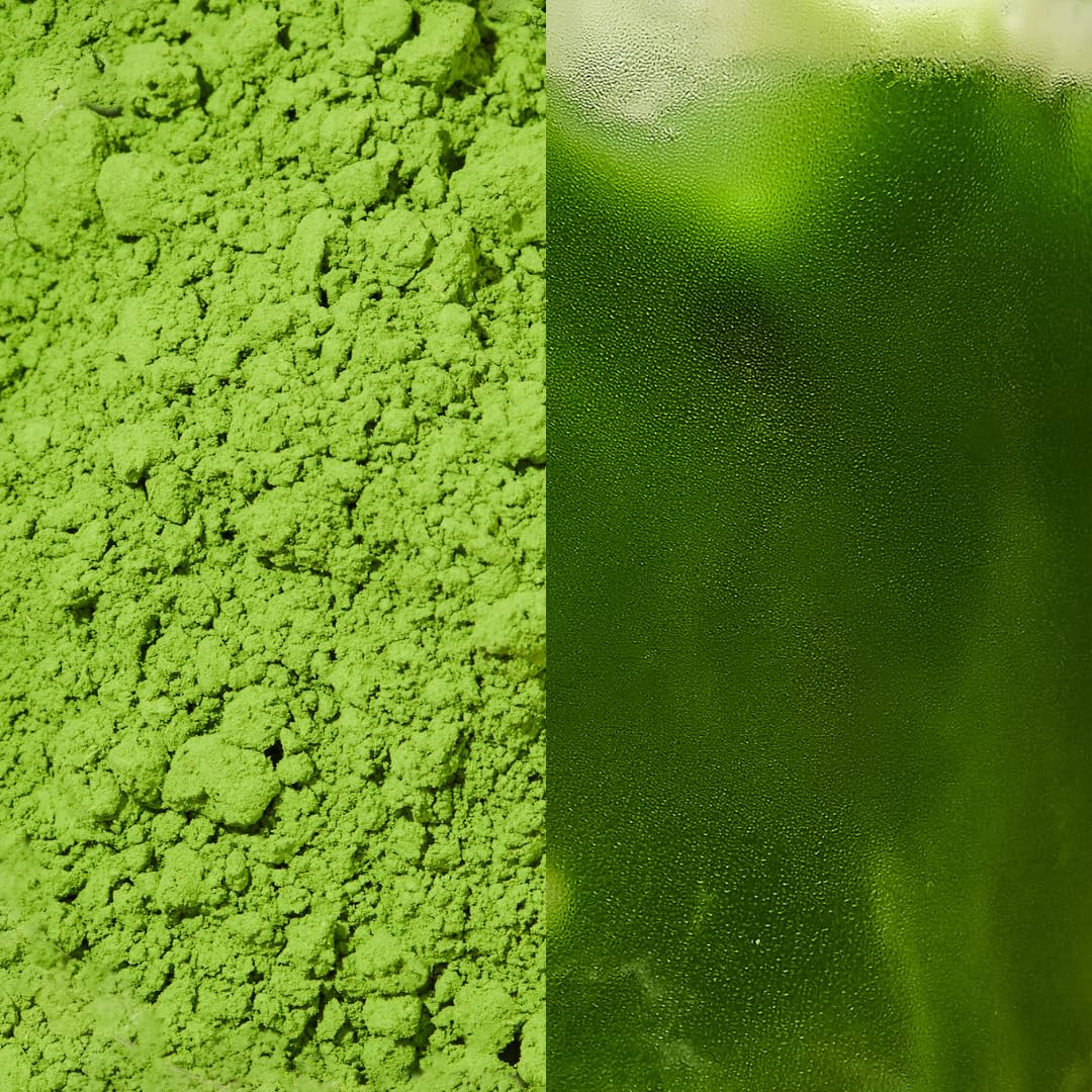 Sencha Naturals latte pour into cup demonstrating creamy blendability benefit