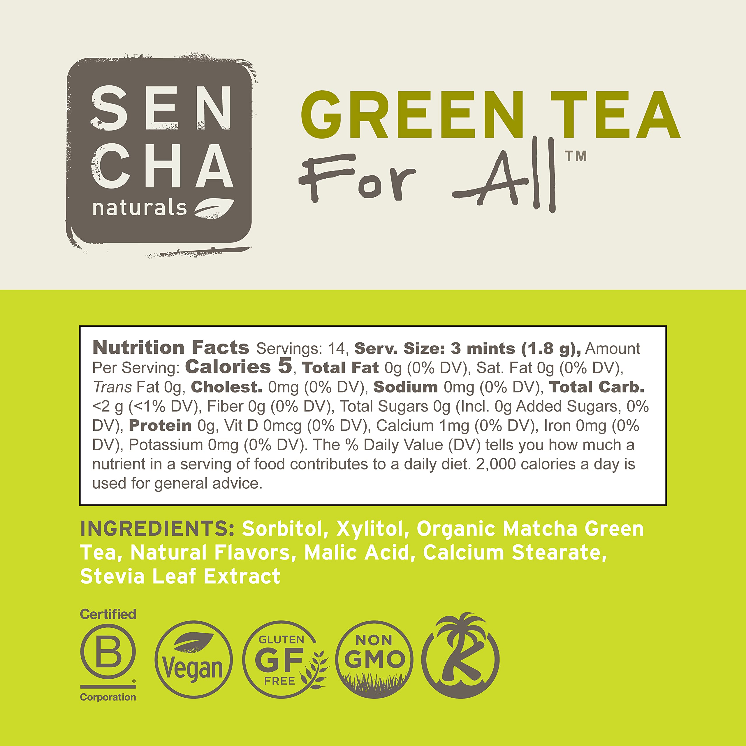 SENCHA NATURALS tin beside a coffee cup showing freshening after beverage benefit