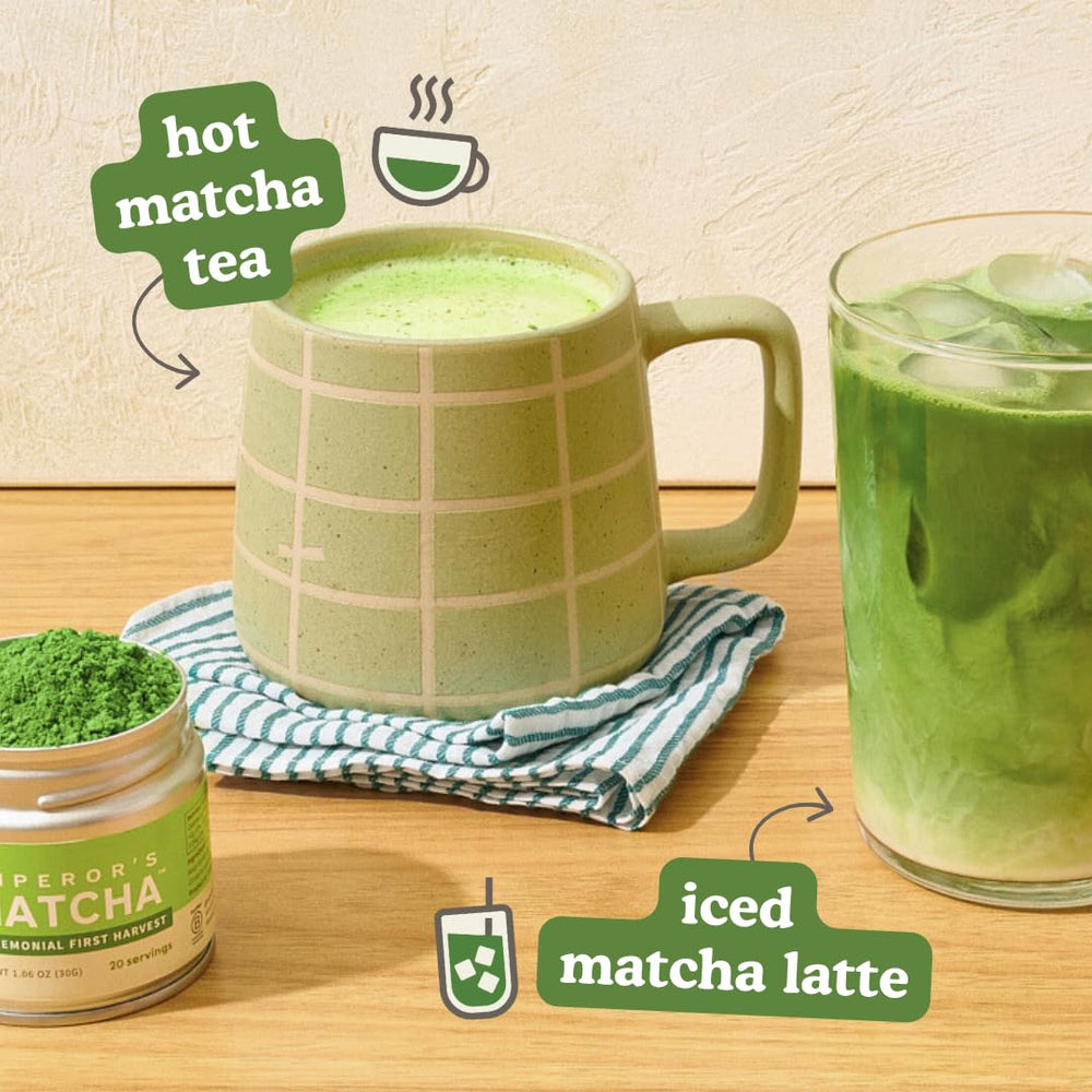 Sencha Naturals next to a scale displaying 20 servings for clear size benefit