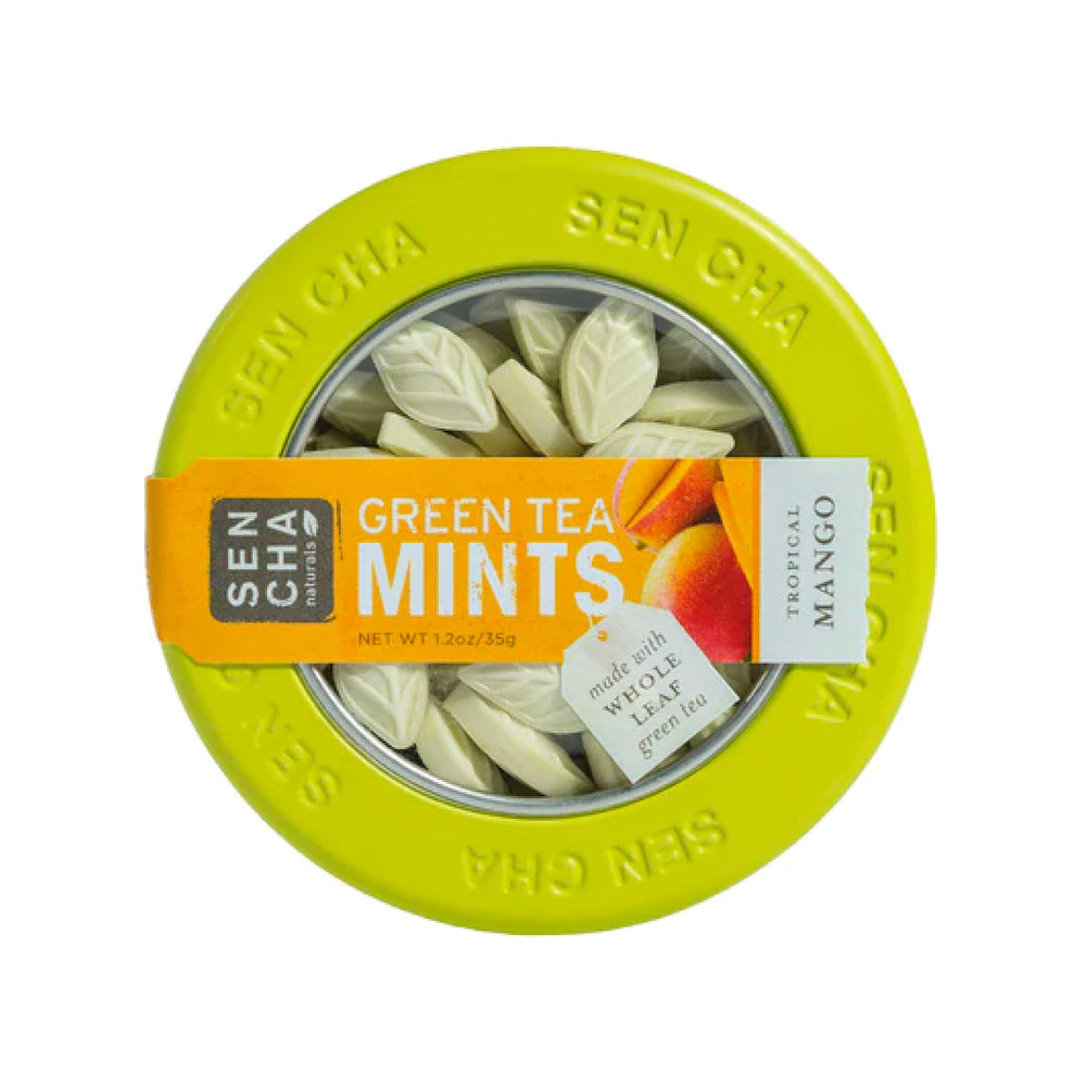 SENCHA NATURALS open tin revealing sugar-free mints and convenient refillable container