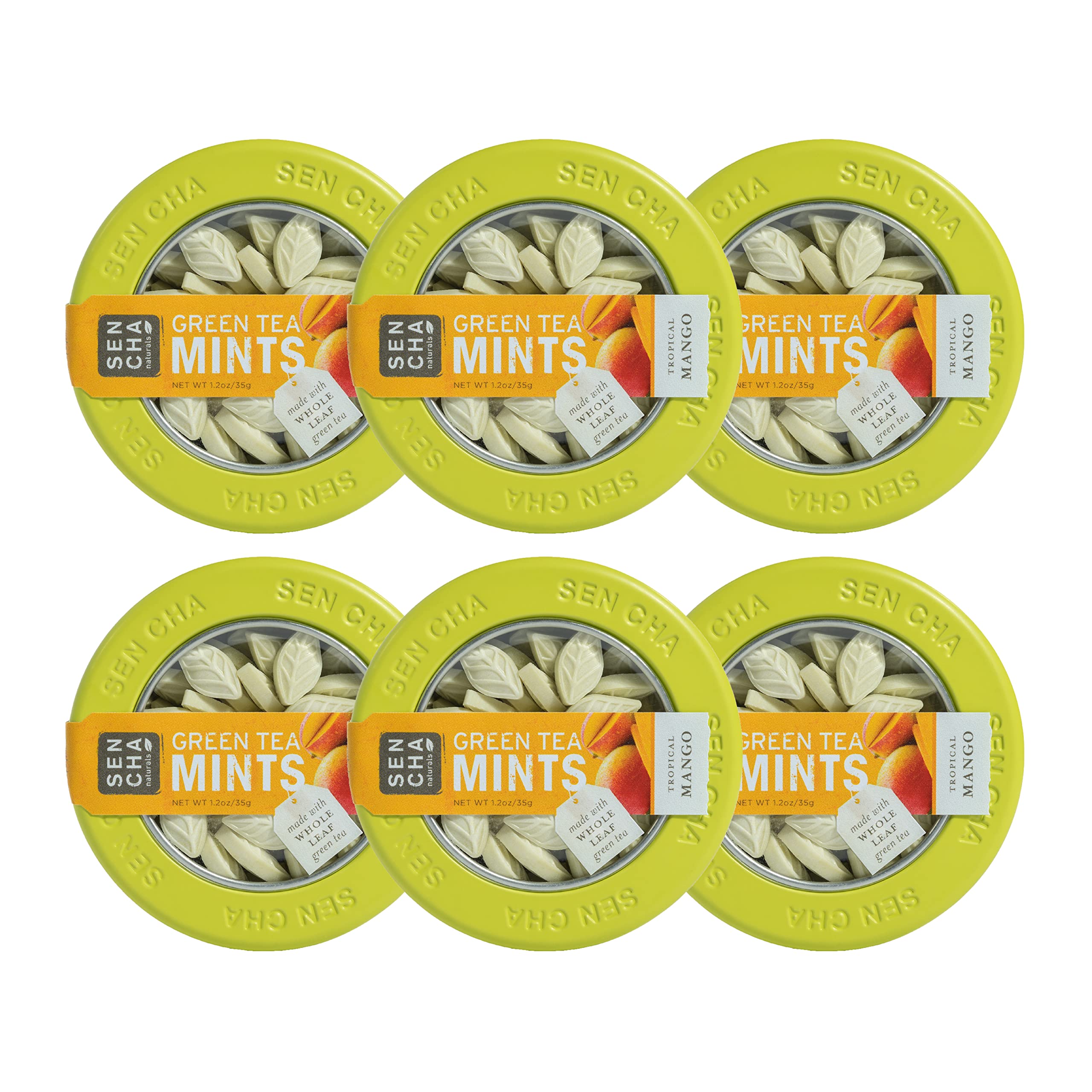 SENCHA NATURALS front tin showing tropical mango label and compact size for portability