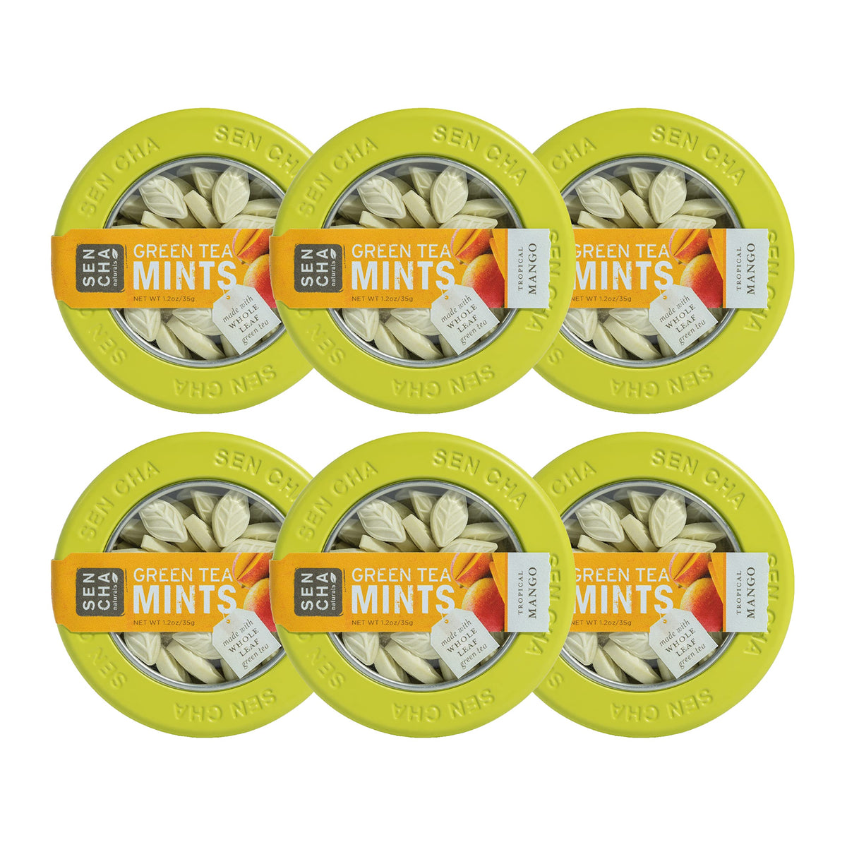 SENCHA NATURALS front tin showing tropical mango label and compact size for portability