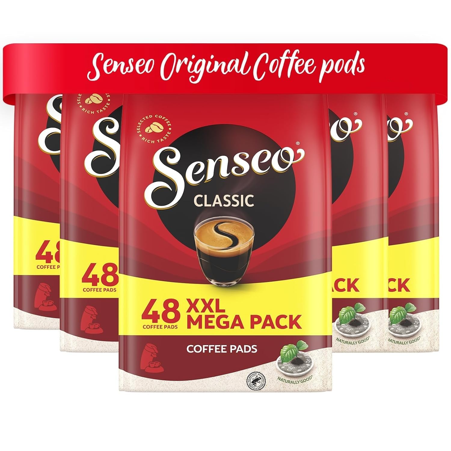 Senseo front pack showing 240 pads and clear product branding benefit of long supply