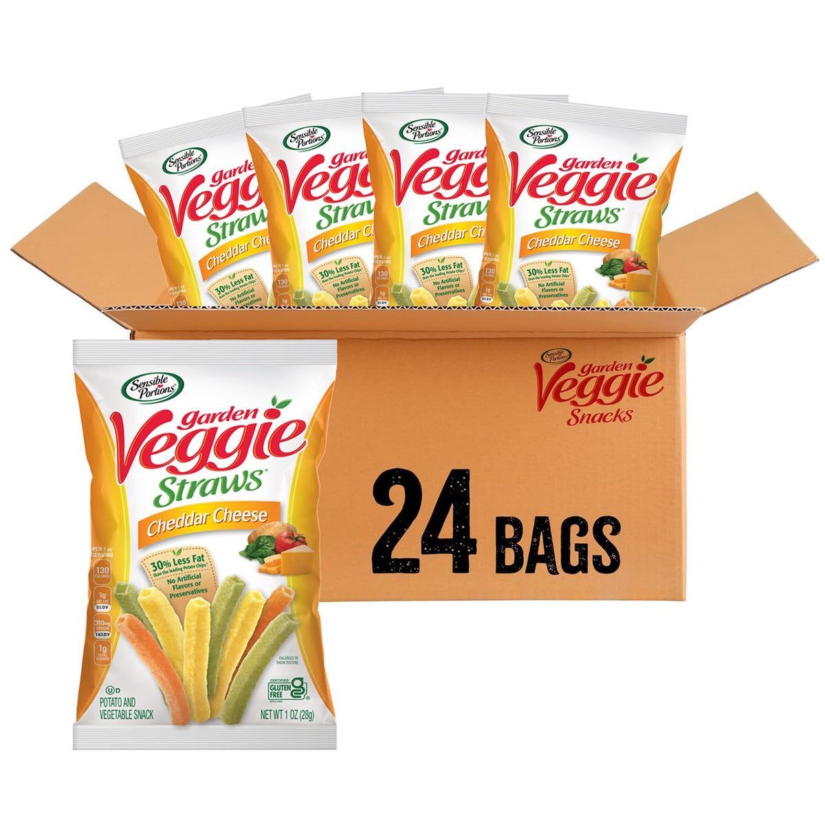 Sensible Portions cheddar front packaging showing 24 snack-size bags and benefits