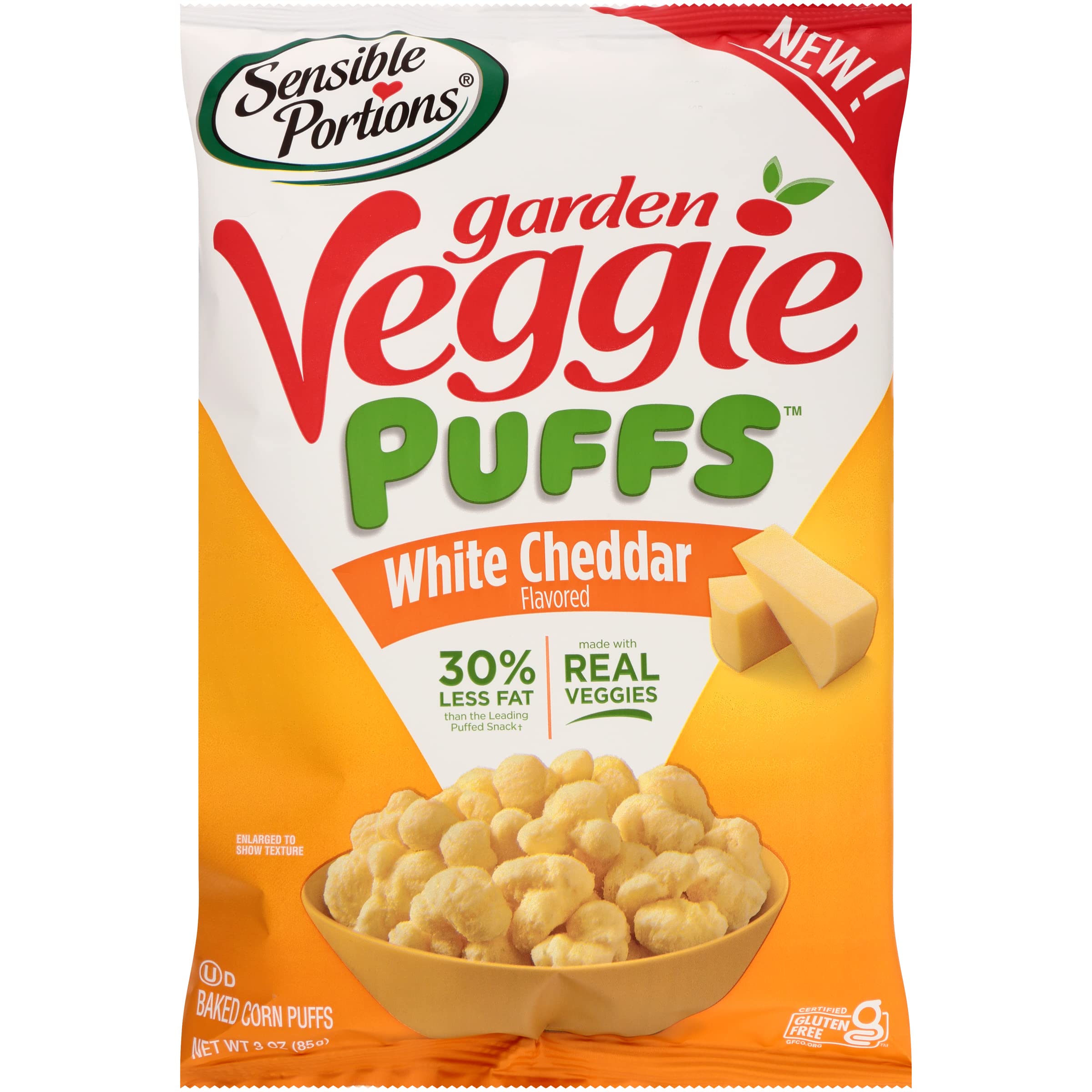 Sensible Portions front packaging showing bag and white cheddar puffs for convenient snacking