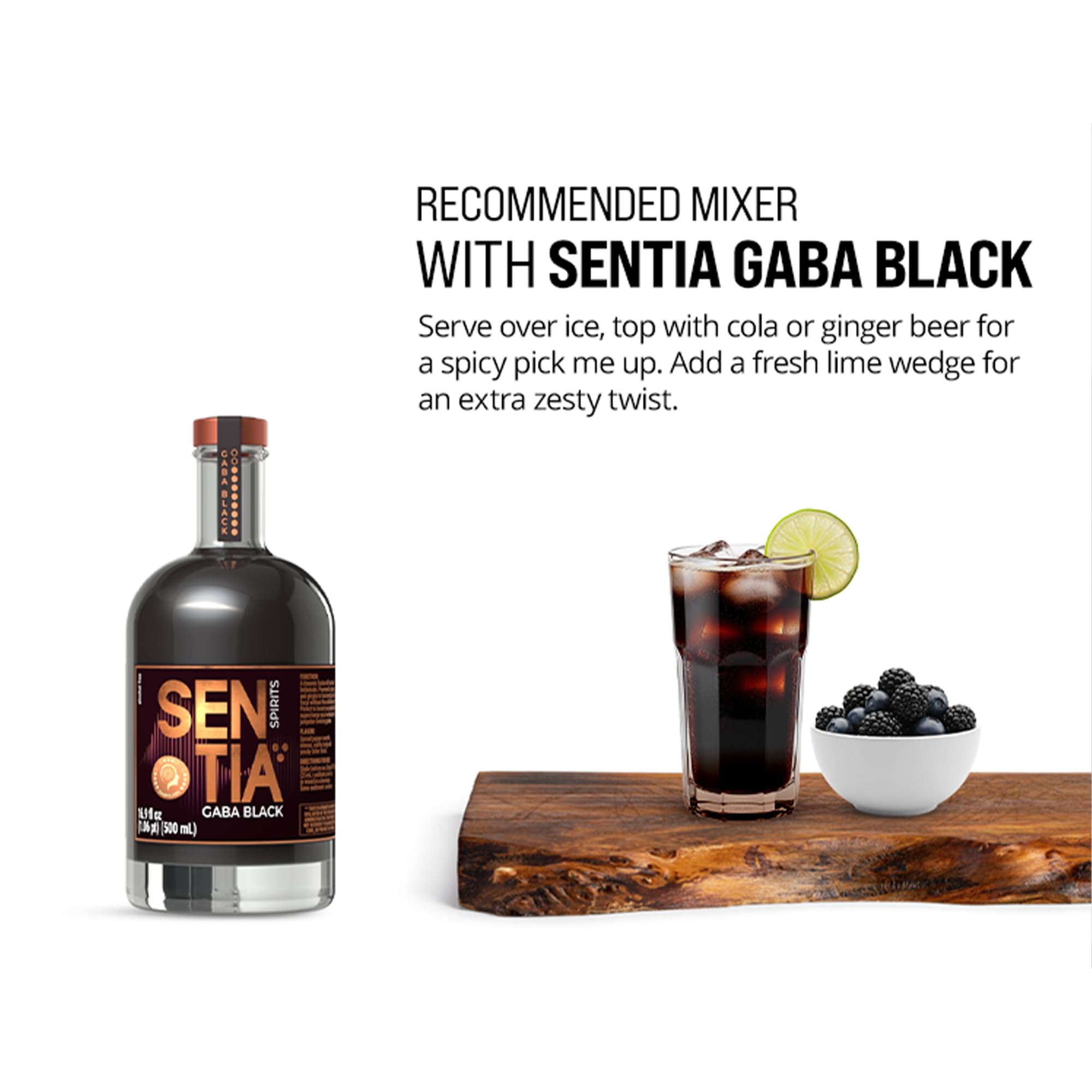 Sentia Gaba Black poured into a glass with ginger ale, demonstrates mixer compatibility and social serve