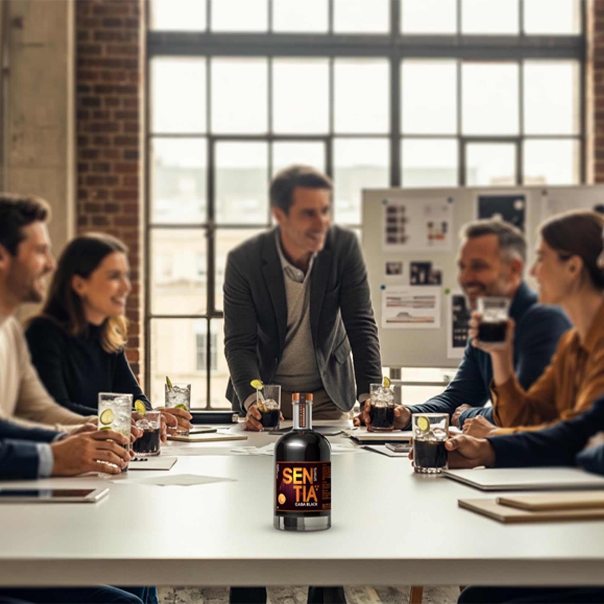 Sentia Gaba Black bottle beside a measuring glass to show 500ml scale and up to 20 servings benefit