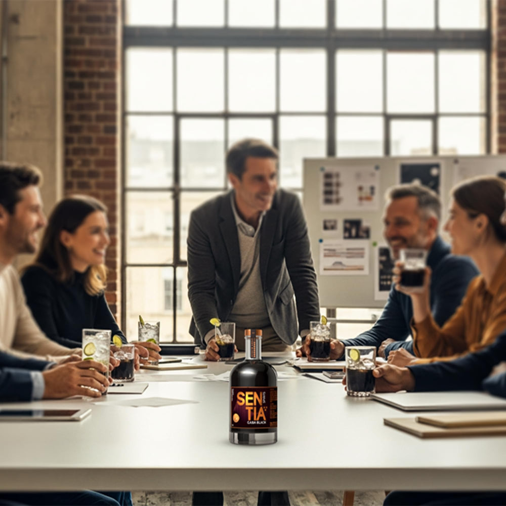 Sentia Gaba Black bottle beside a measuring glass to show 500ml scale and up to 20 servings benefit