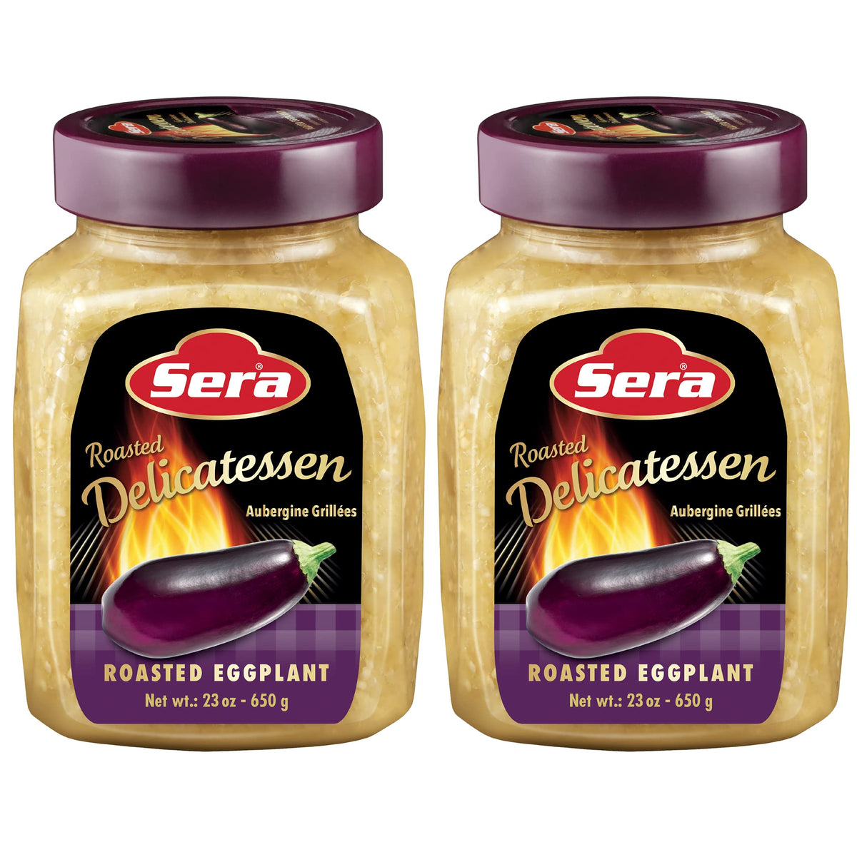 Sera jar front packaging showing 23 oz label and smoky eggplant appeal