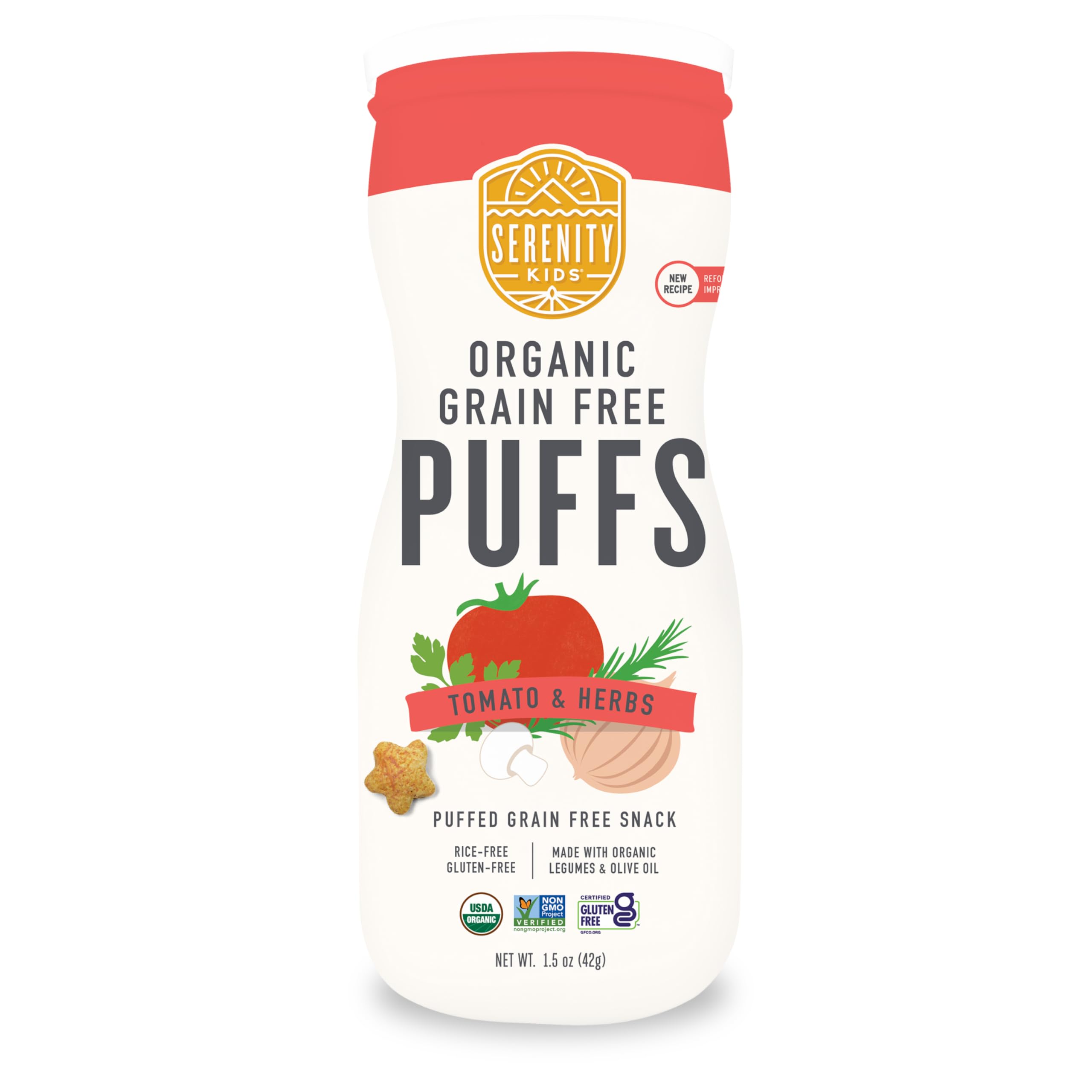 Serenity Kids front packaging showing six 1.5oz tubs and tomato-herb flavor benefits