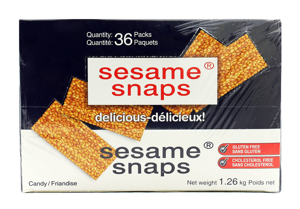 Sesame Snaps front packaging showing 36 individually wrapped bars and bulk box benefit